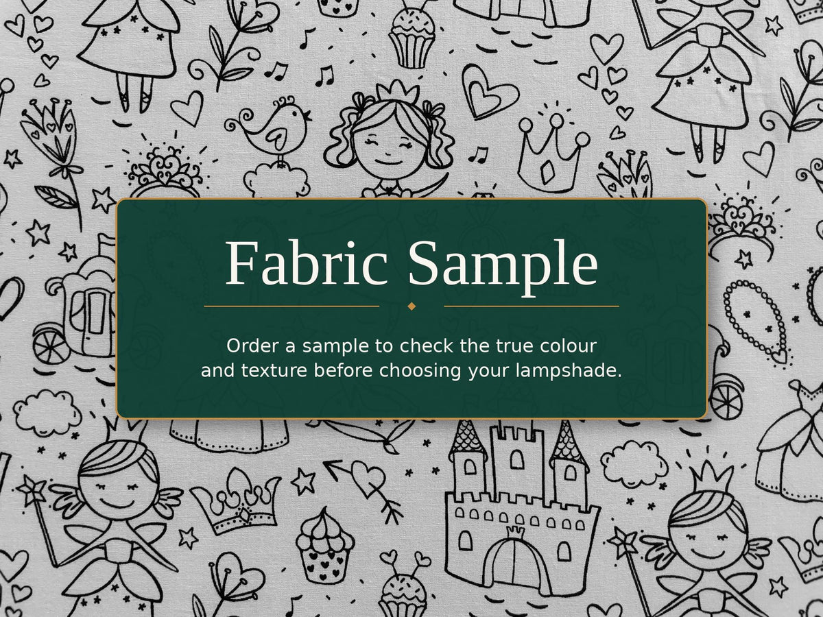 Black-and-white colour-in fabric sample with playful motifs for the Kids DIY Lampshade Kit