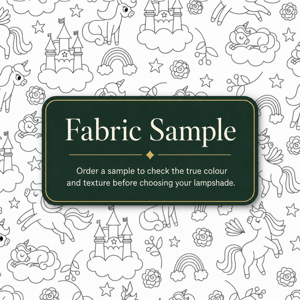 Black-and-white colour-in fabric sample with castles and playful motifs for the Kids DIY Lampshade Kit