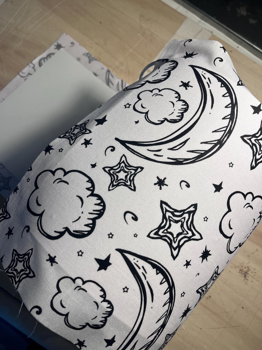 Close-up of black-and-white colour-in fabric for the Kids DIY Lampshade Kit