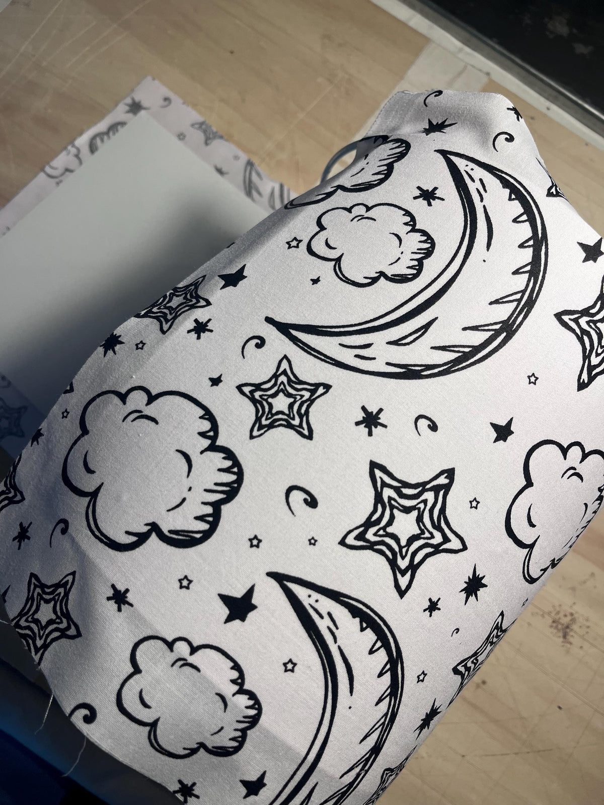 Close-up of black-and-white colour-in fabric for the Kids DIY Lampshade Kit