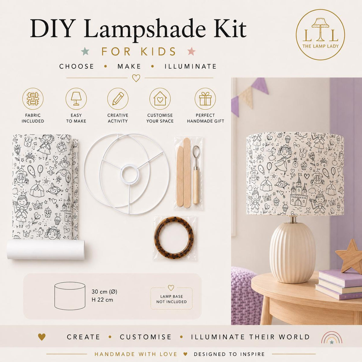 Kids colour-in DIY lampshade kit infographic showing a black-and-white fabric design, kit contents and finished lampshade