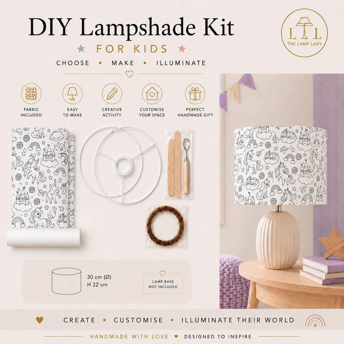 Kids colour-in DIY lampshade kit infographic showing a black-and-white fabric design, kit contents and finished lampshade