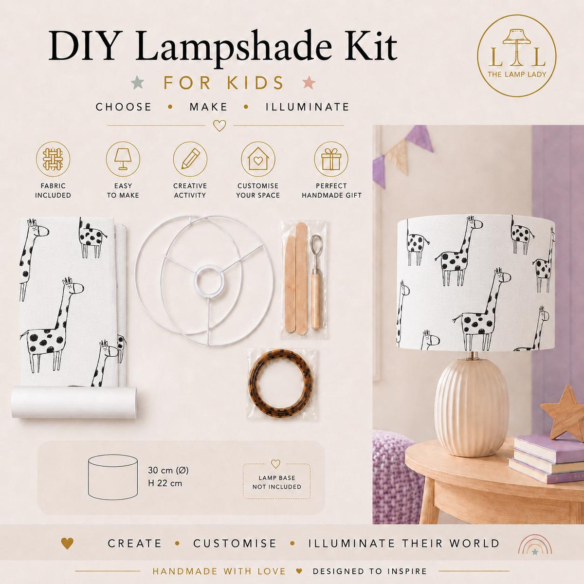 Kids colour-in DIY lampshade kit infographic featuring the giraffe colour-in fabric design