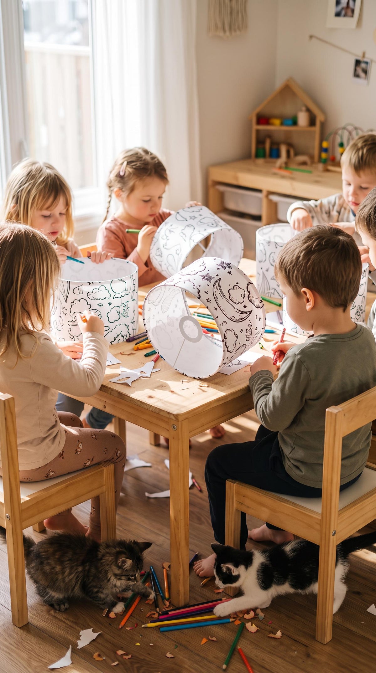 Children colouring fabric during a creative DIY lampshade activity