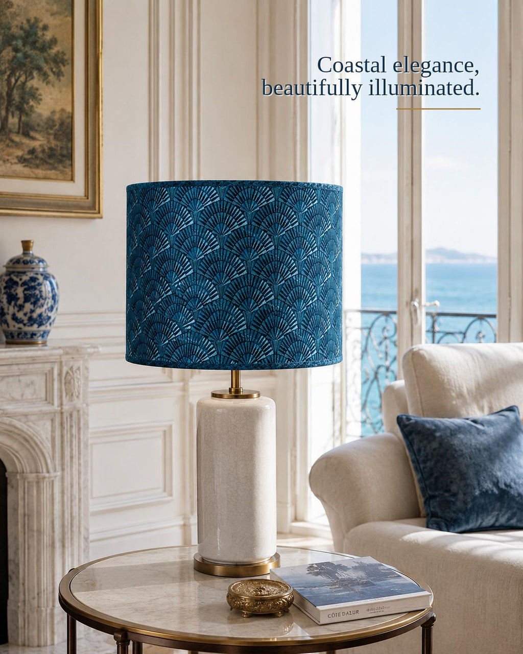 Art Deco Fan Pattern Drum Lampshade | Blue Teal Retro Lampshade | Handmade in Italy – image 6