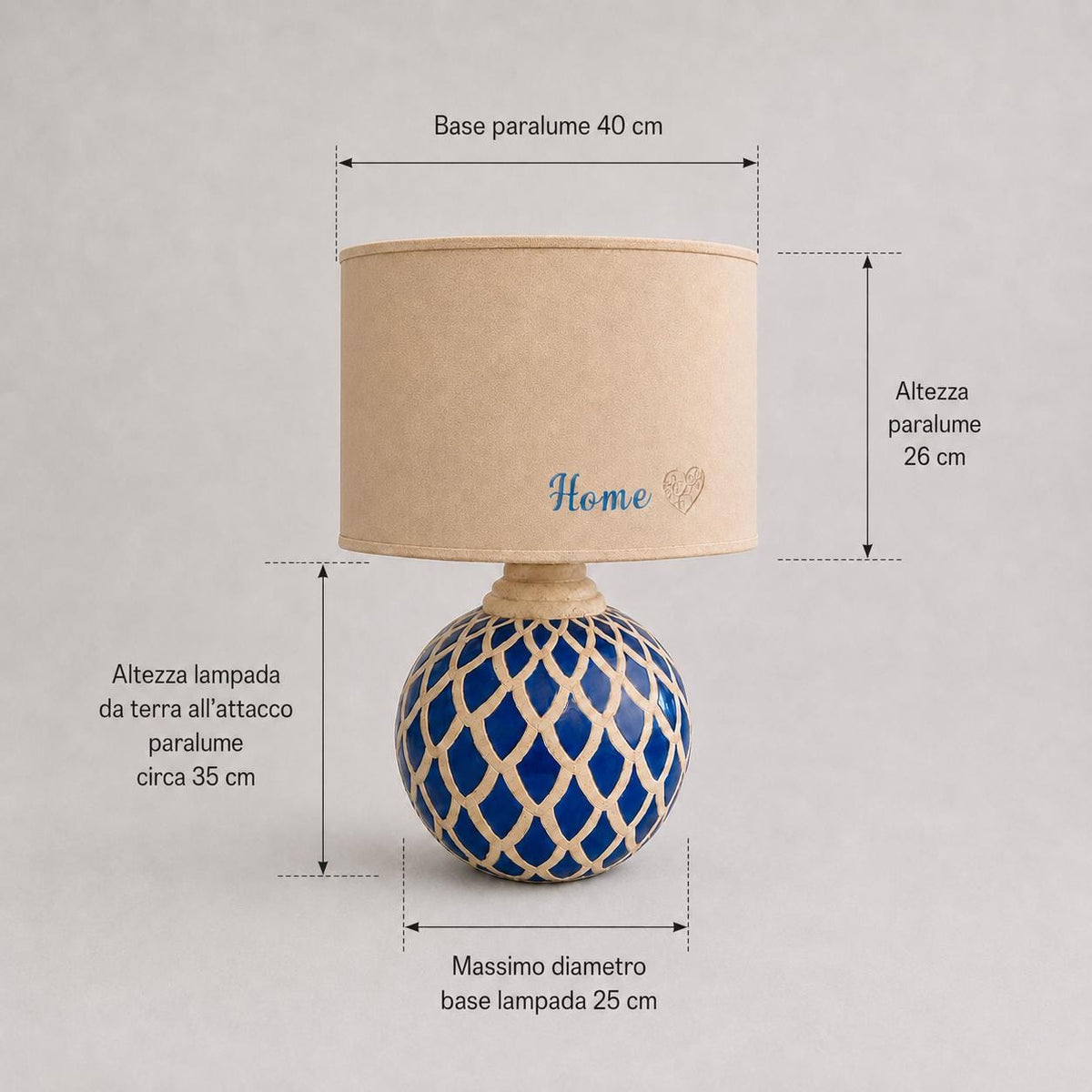 Dimensions of the vintage blue ceramic lamp base, photographed with a lampshade for display; lampshade not included.