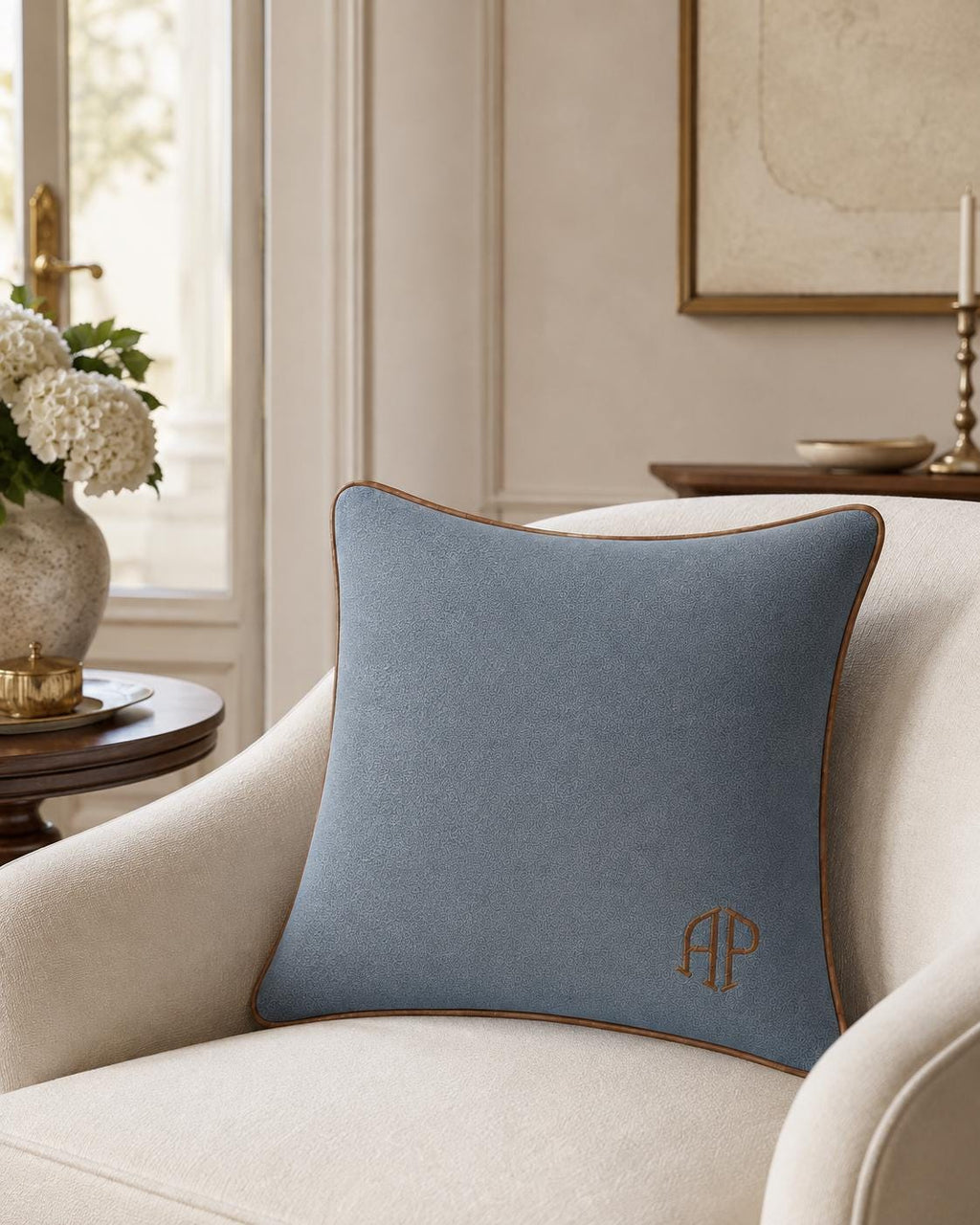 Beige personalised embroidered monogram cushion, 60 × 60 cm