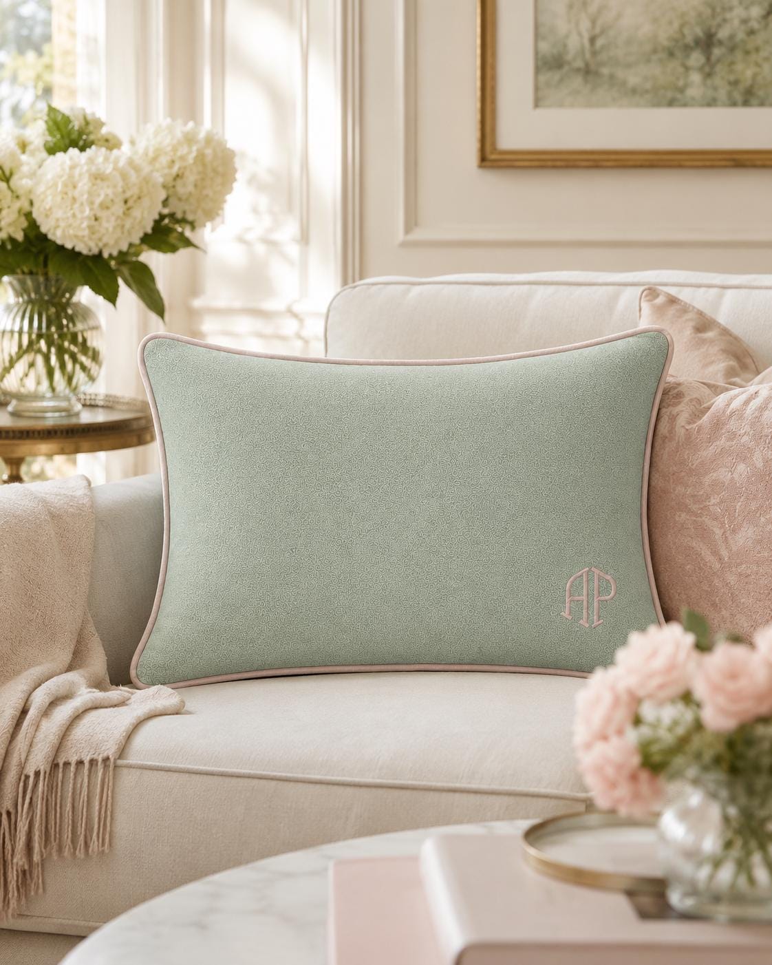 Dusty Blue personalised embroidered monogram cushion, 40 × 58 cm