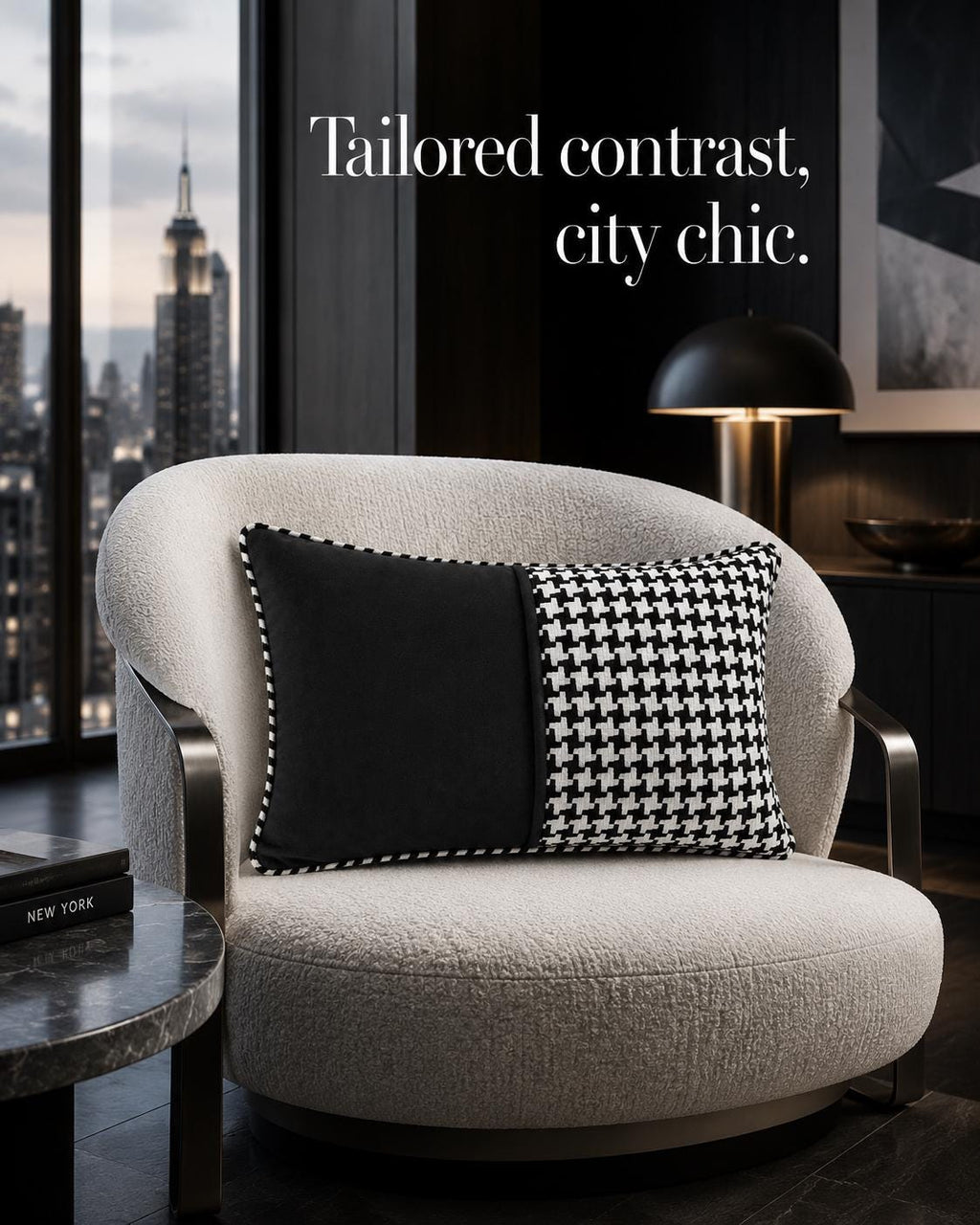 Additional product view of black and white houndstooth pure wool cushion