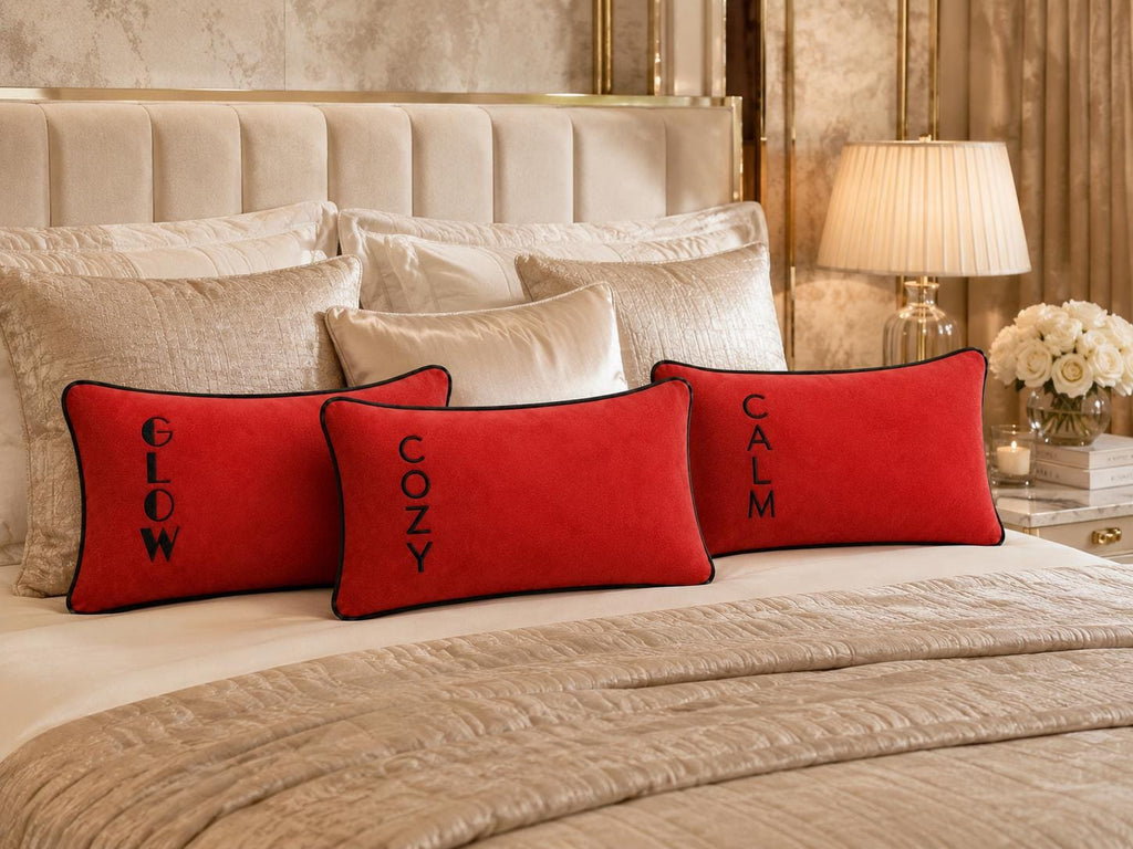 Additional product view of brick red COZY CALM GLOW embroidered lumbar cushions