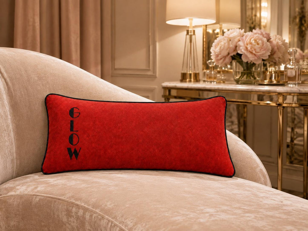 Additional product view of brick red COZY CALM GLOW embroidered lumbar cushions