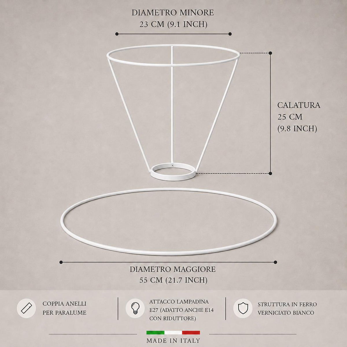Conical Lampshade Ring Set with Drop – E27 Fitting - White or Gold / Made in Italy – image 4