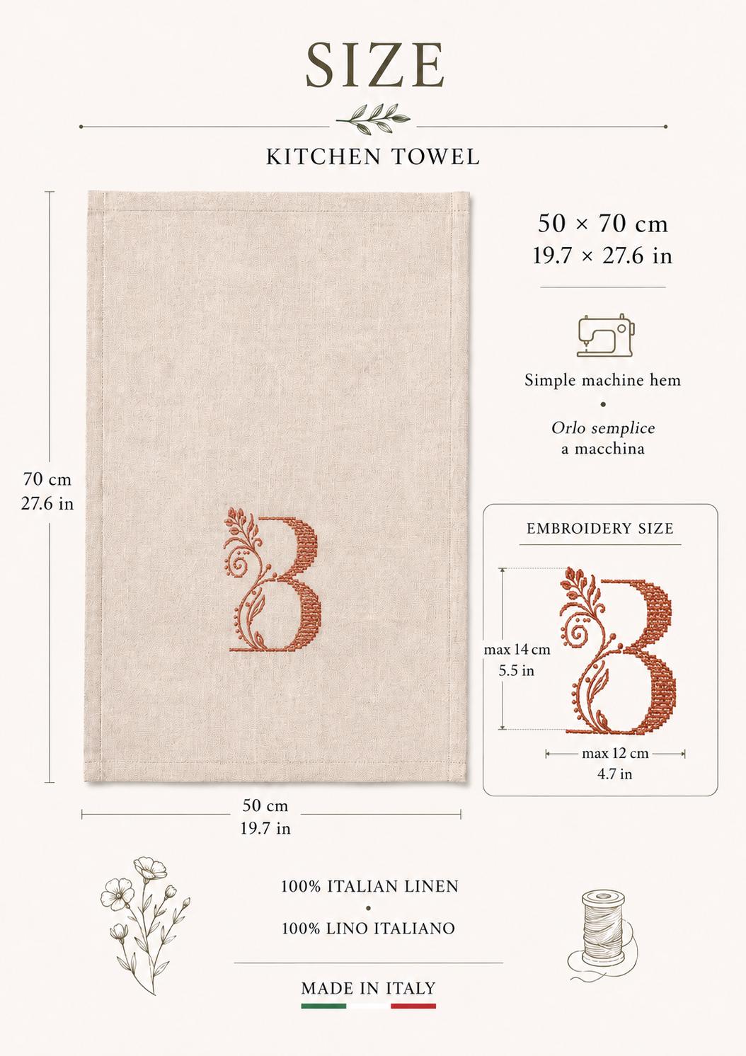 Personalised Italian linen kitchen towel with embroidered botanical monogram