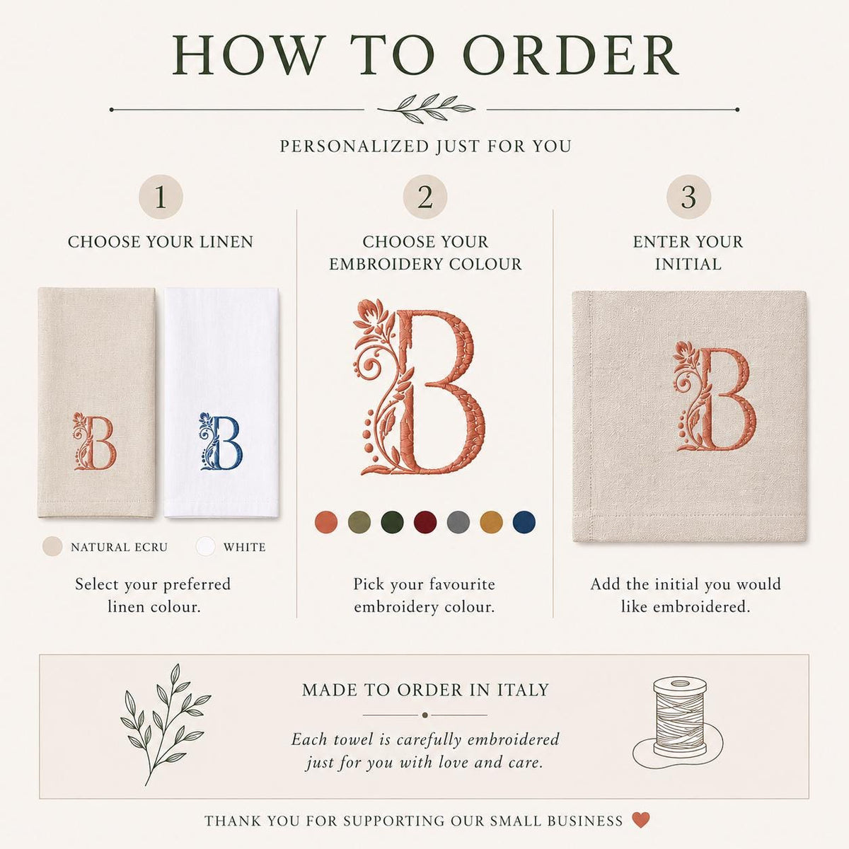 Personalised Italian linen kitchen towel with embroidered botanical monogram