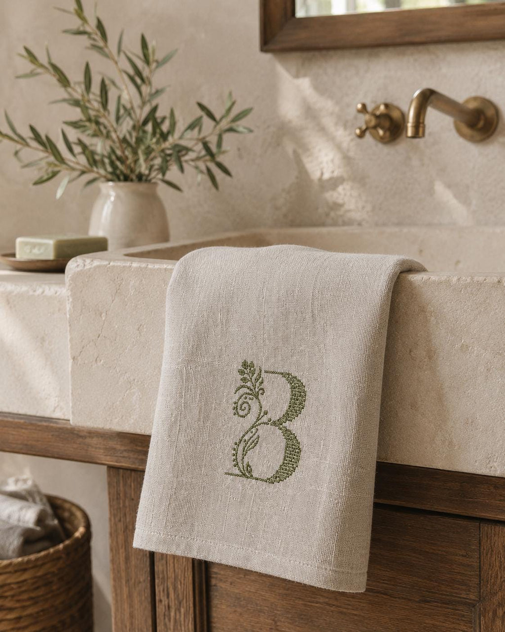 Personalised Italian linen towel with embroidered botanical monogram