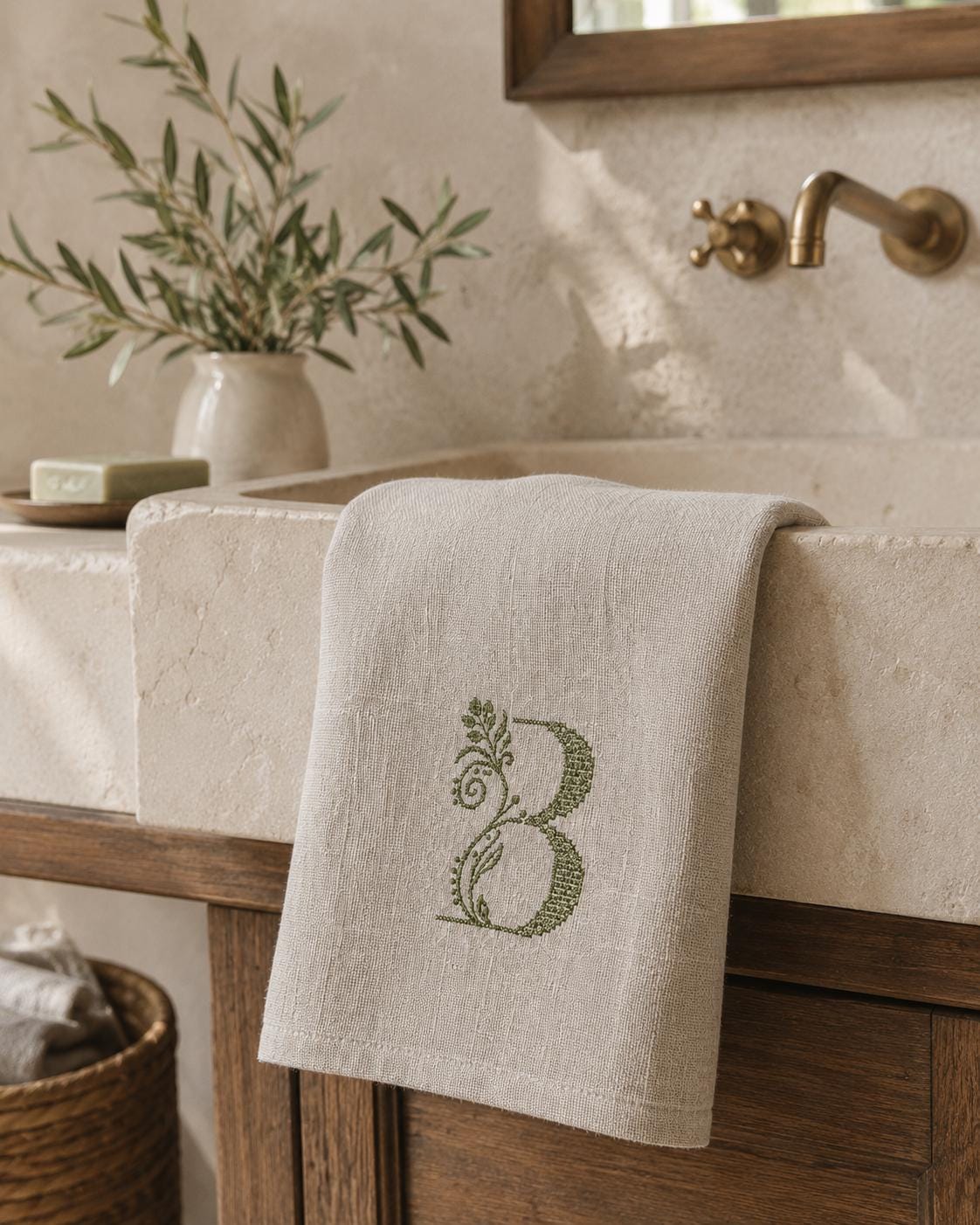 Personalised Italian linen towel with embroidered botanical monogram