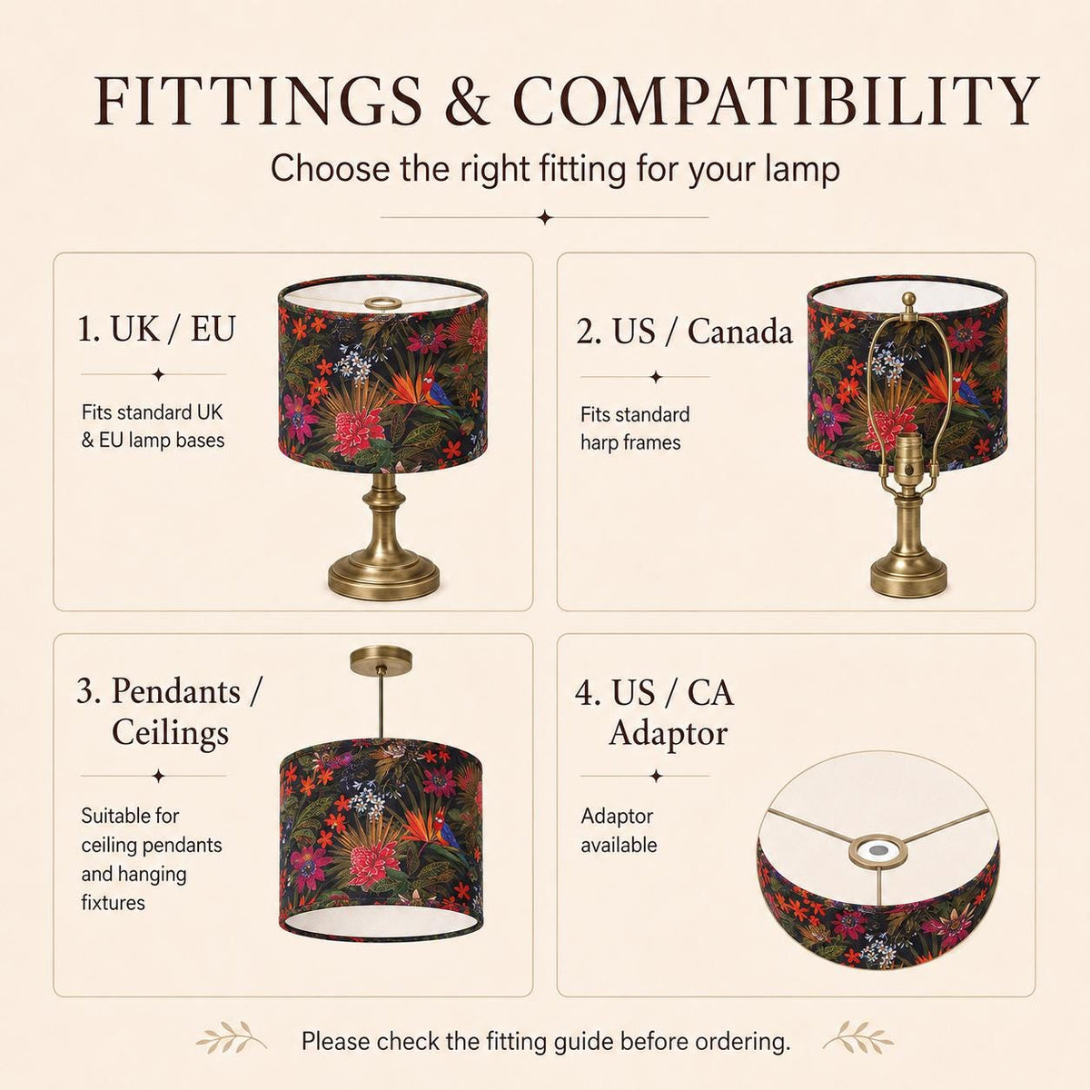 Dark floral Passiflora UV-resistant lampshade shape and size detail