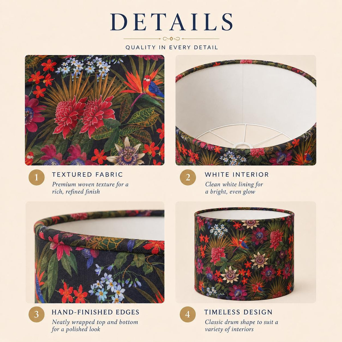 Dark floral Passiflora handmade lampshade styled interior view