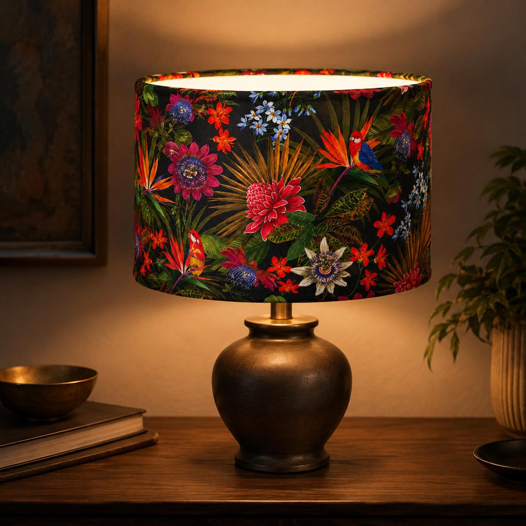 Dark floral Passiflora handmade lampshade styled interior view