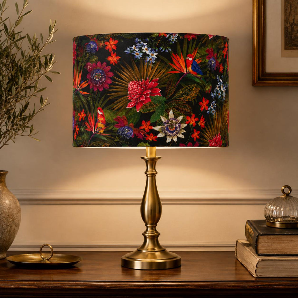 Dark floral Passiflora handmade lampshade styled interior view