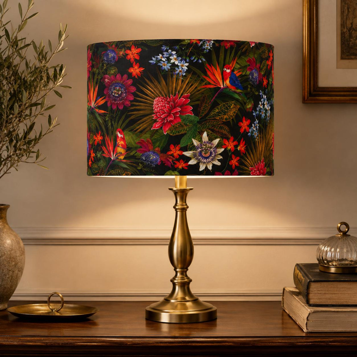 Dark floral Passiflora handmade lampshade styled interior view