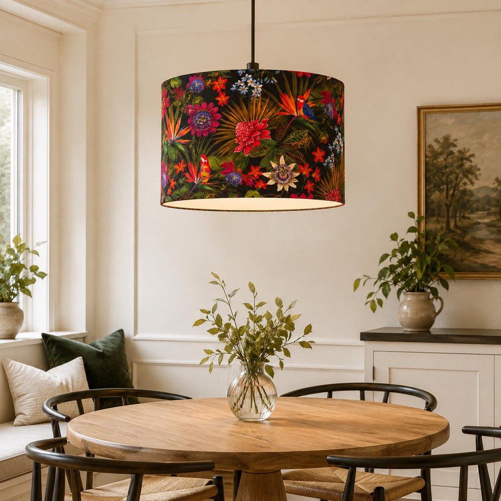 Dark floral Passiflora UV-resistant lampshade shape and size detail