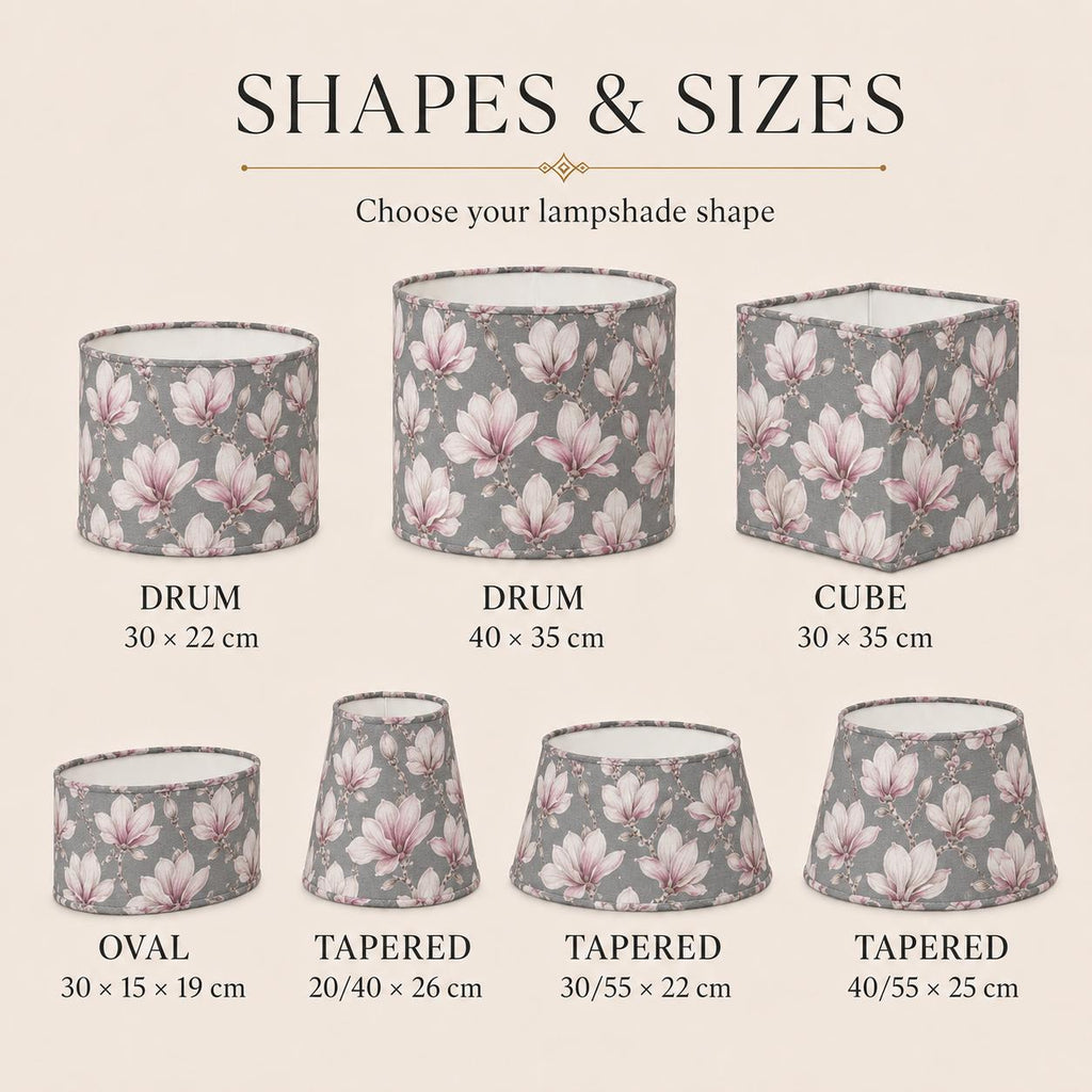 Grey and blush magnolia UV-resistant lampshade shape and size detail
