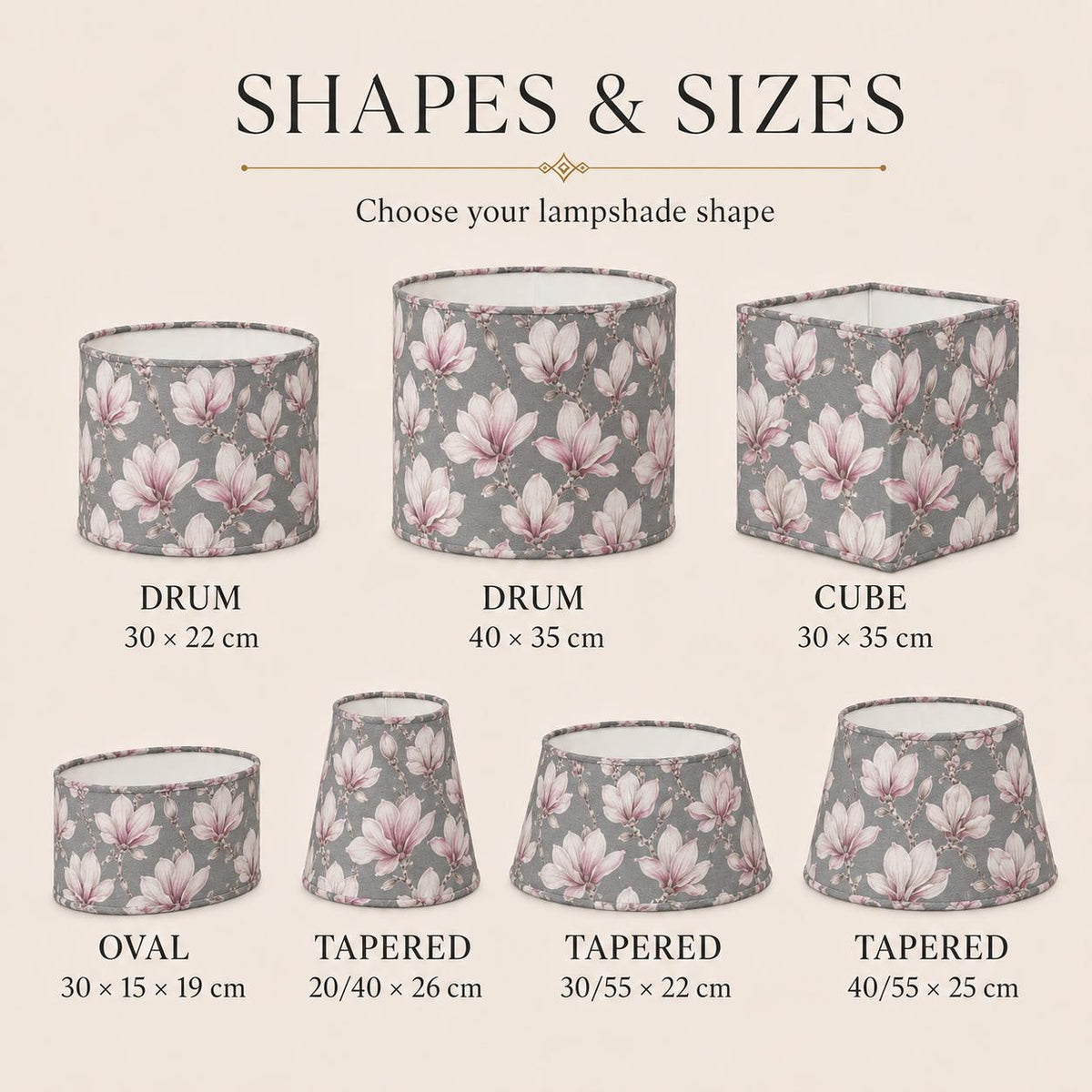 Grey and blush magnolia UV-resistant lampshade shape and size detail