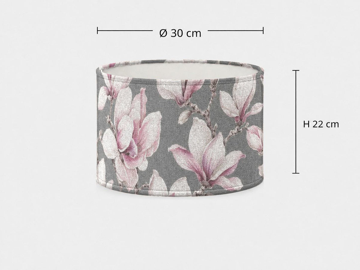 Grey and blush magnolia drum lampshade 30 x 22 cm