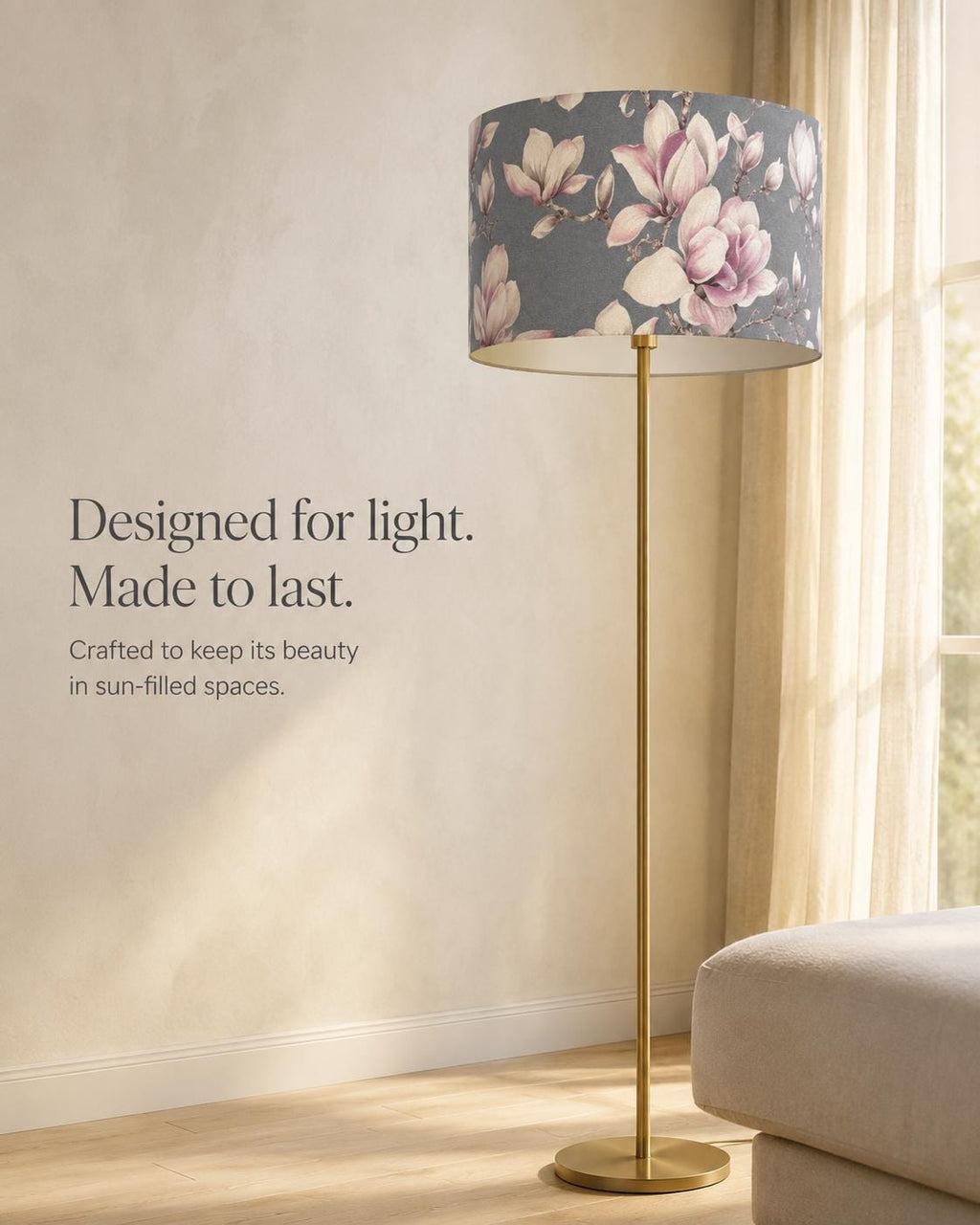 Grey and blush magnolia UV-resistant lampshade shape and size detail
