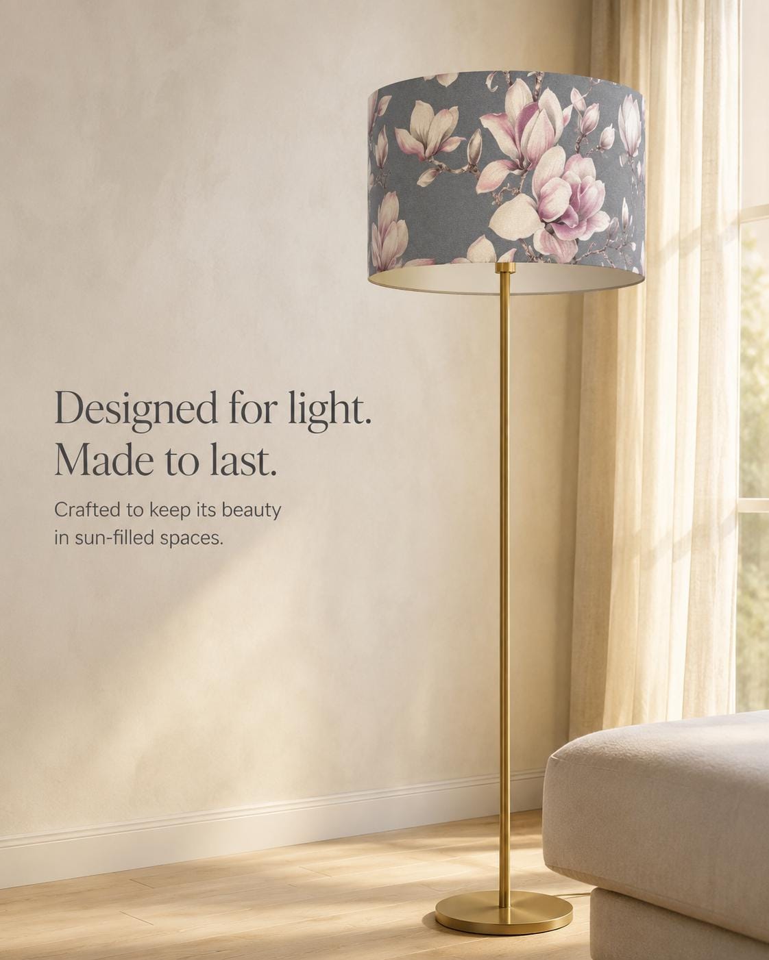 Grey and blush magnolia UV-resistant lampshade shape and size detail