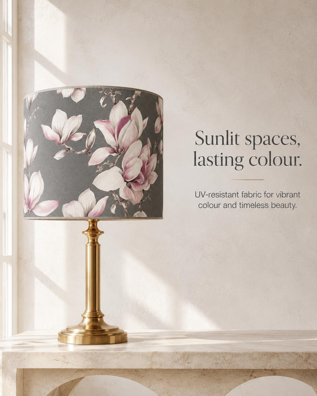Grey and blush magnolia handmade lampshade styled interior view