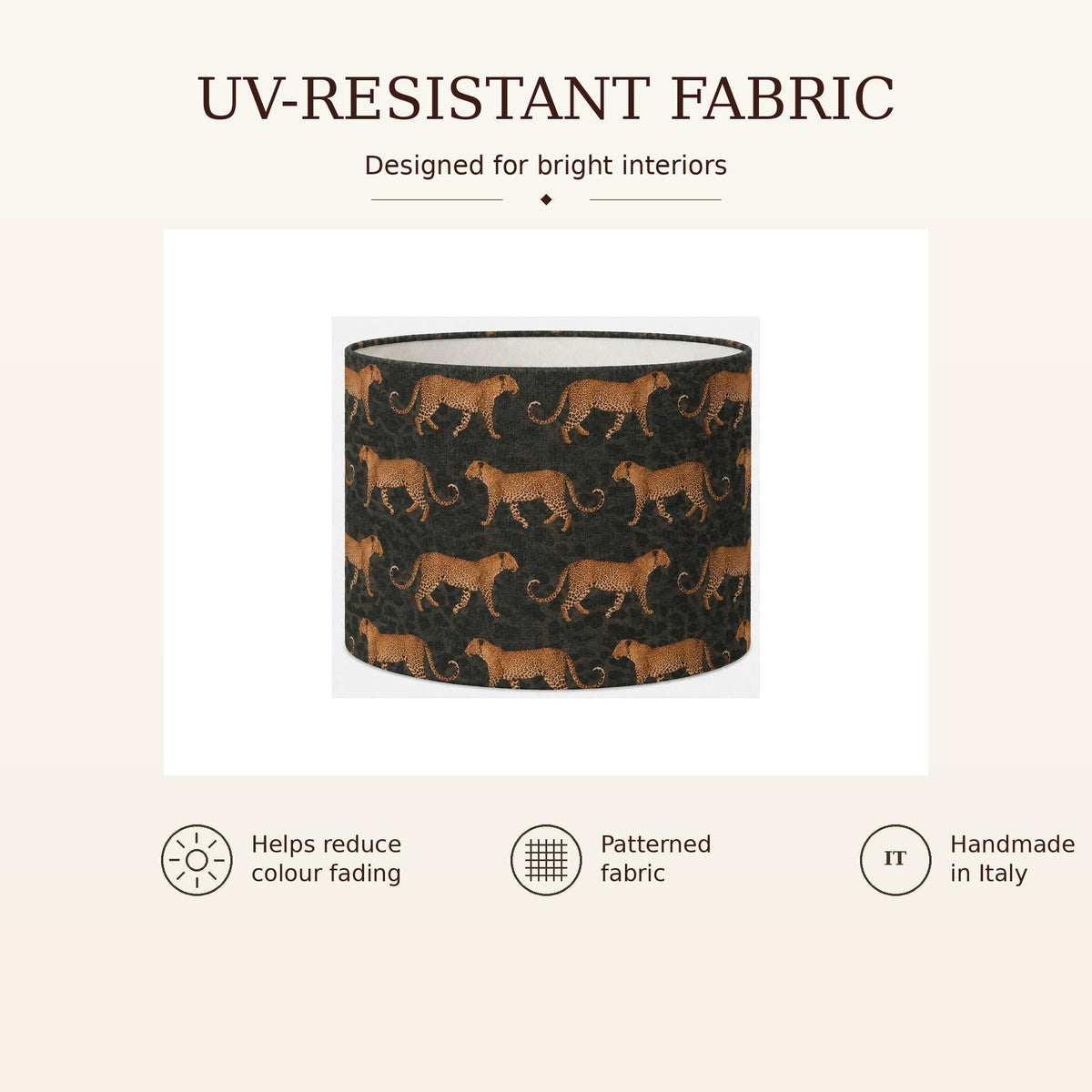 Golden leopard print handmade lampshade styled interior view