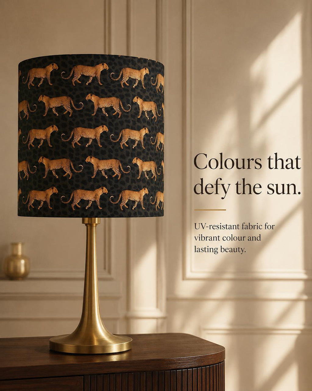 Golden leopard print handmade lampshade styled interior view
