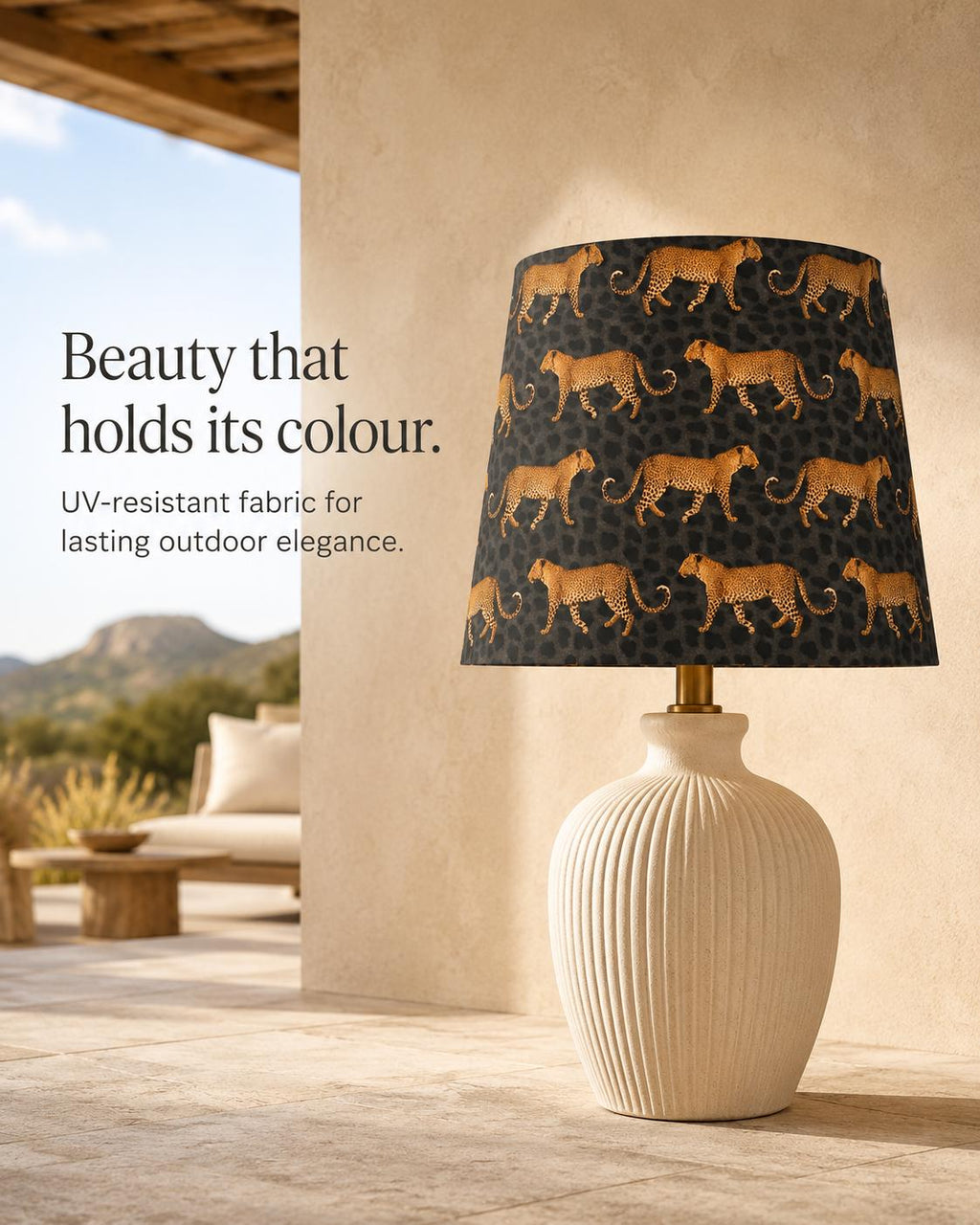 Golden leopard print handmade lampshade styled interior view