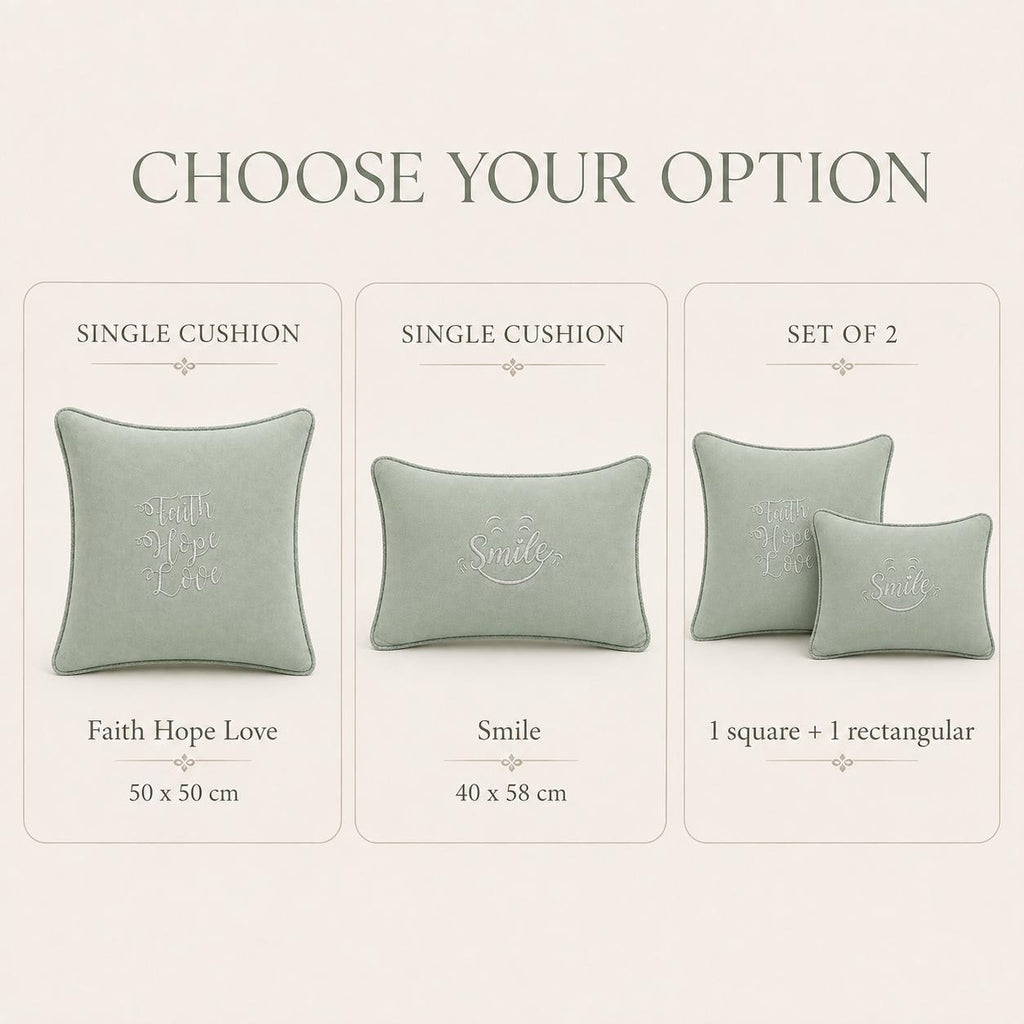 Additional product view of sage green Faith Hope Love and Smile embroidered cushions