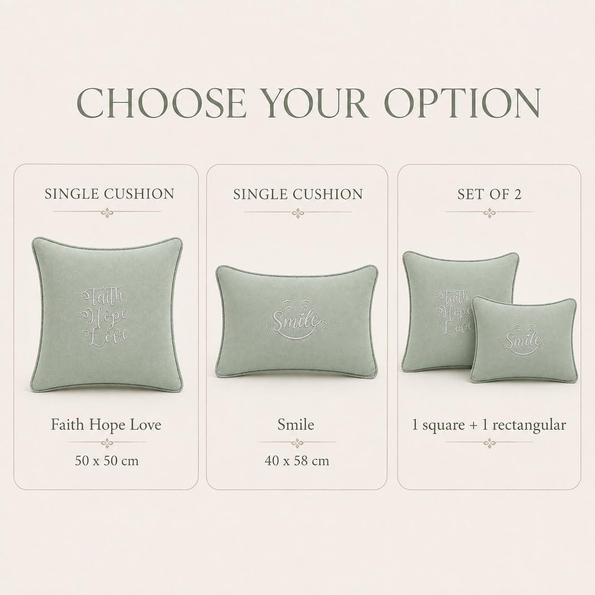 Additional product view of sage green Faith Hope Love and Smile embroidered cushions