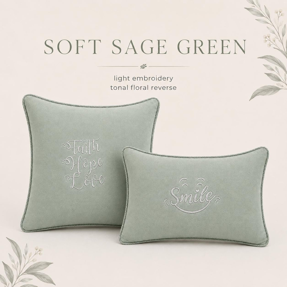 Sage green Faith Hope Love embroidered cushion, 50 × 50 cm