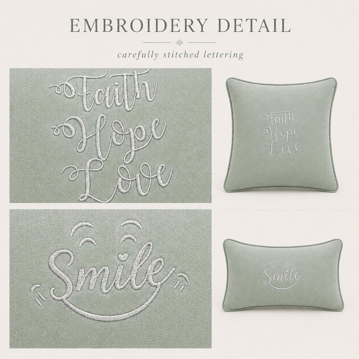 Additional product view of sage green Faith Hope Love and Smile embroidered cushions