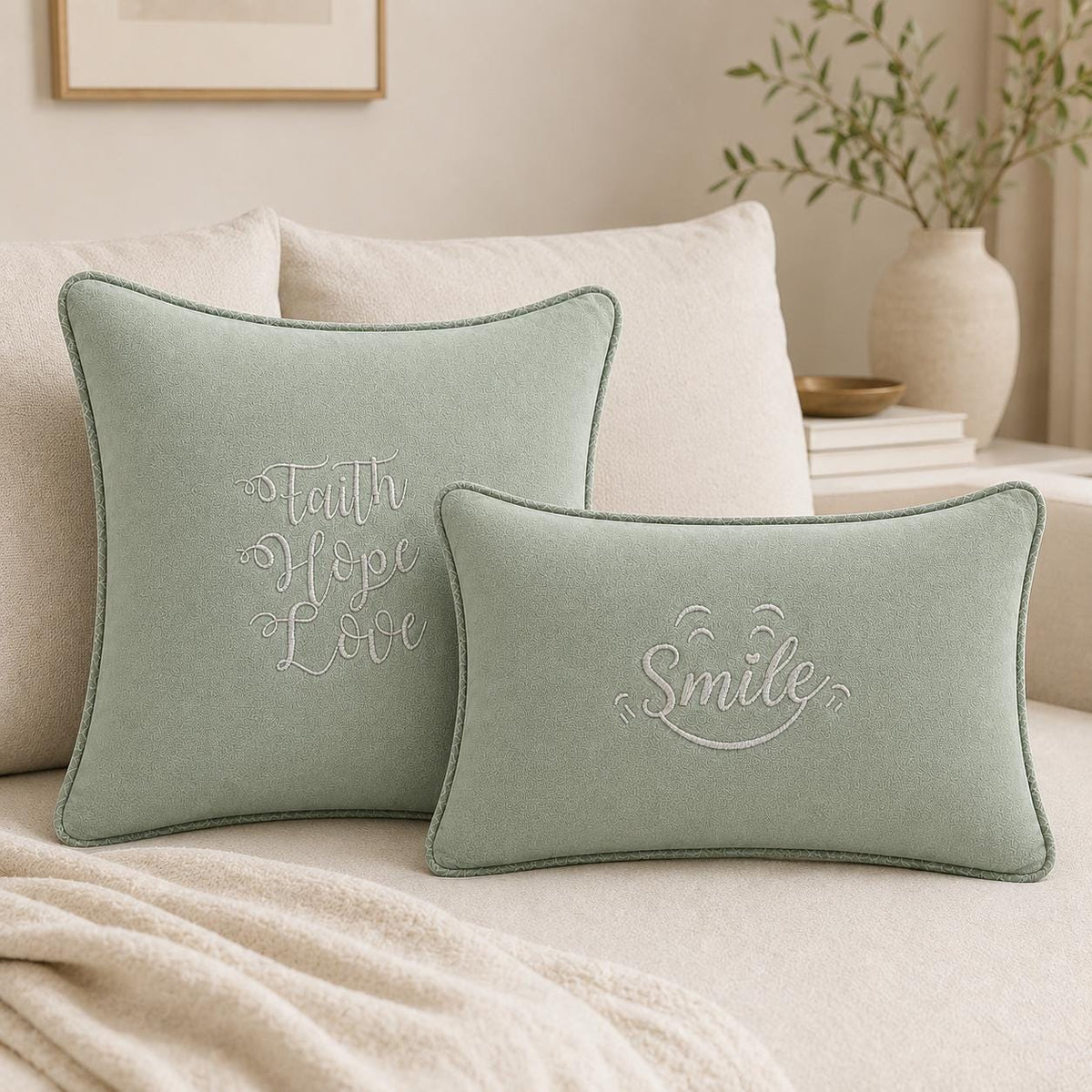 Additional product view of sage green Faith Hope Love and Smile embroidered cushions