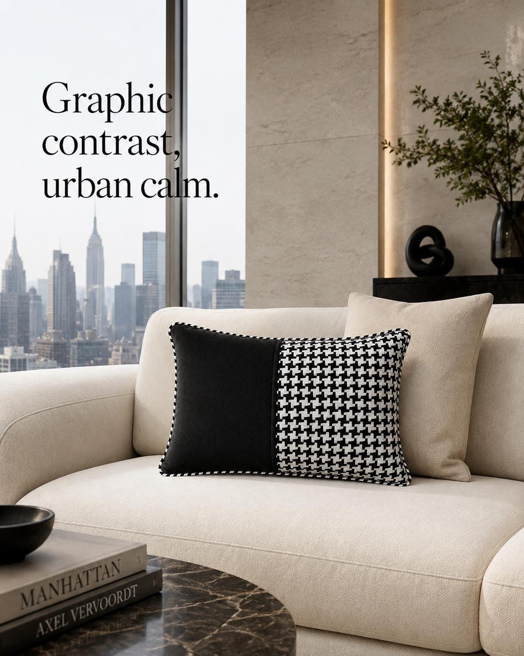 Additional product view of black and white houndstooth pure wool cushion
