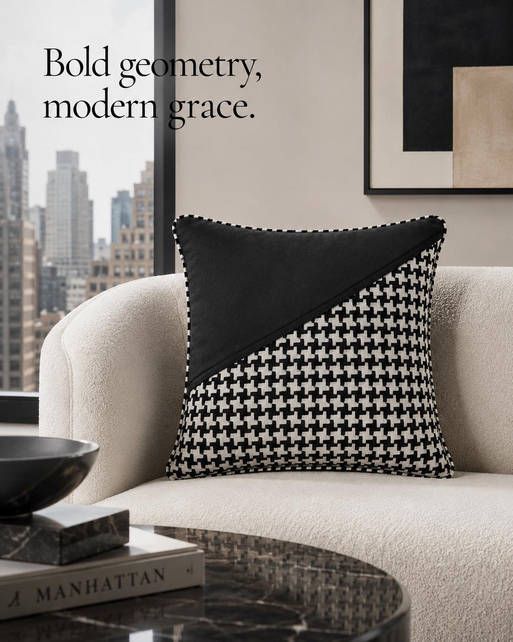 Additional product view of black and white houndstooth pure wool cushion
