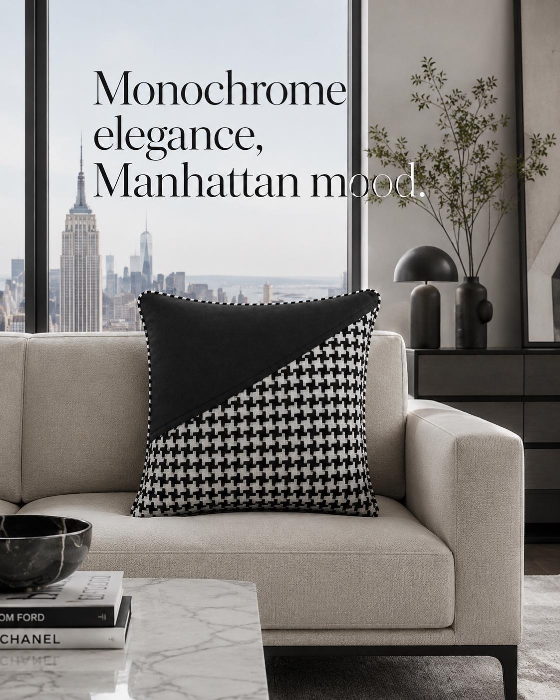 Additional product view of black and white houndstooth pure wool cushion