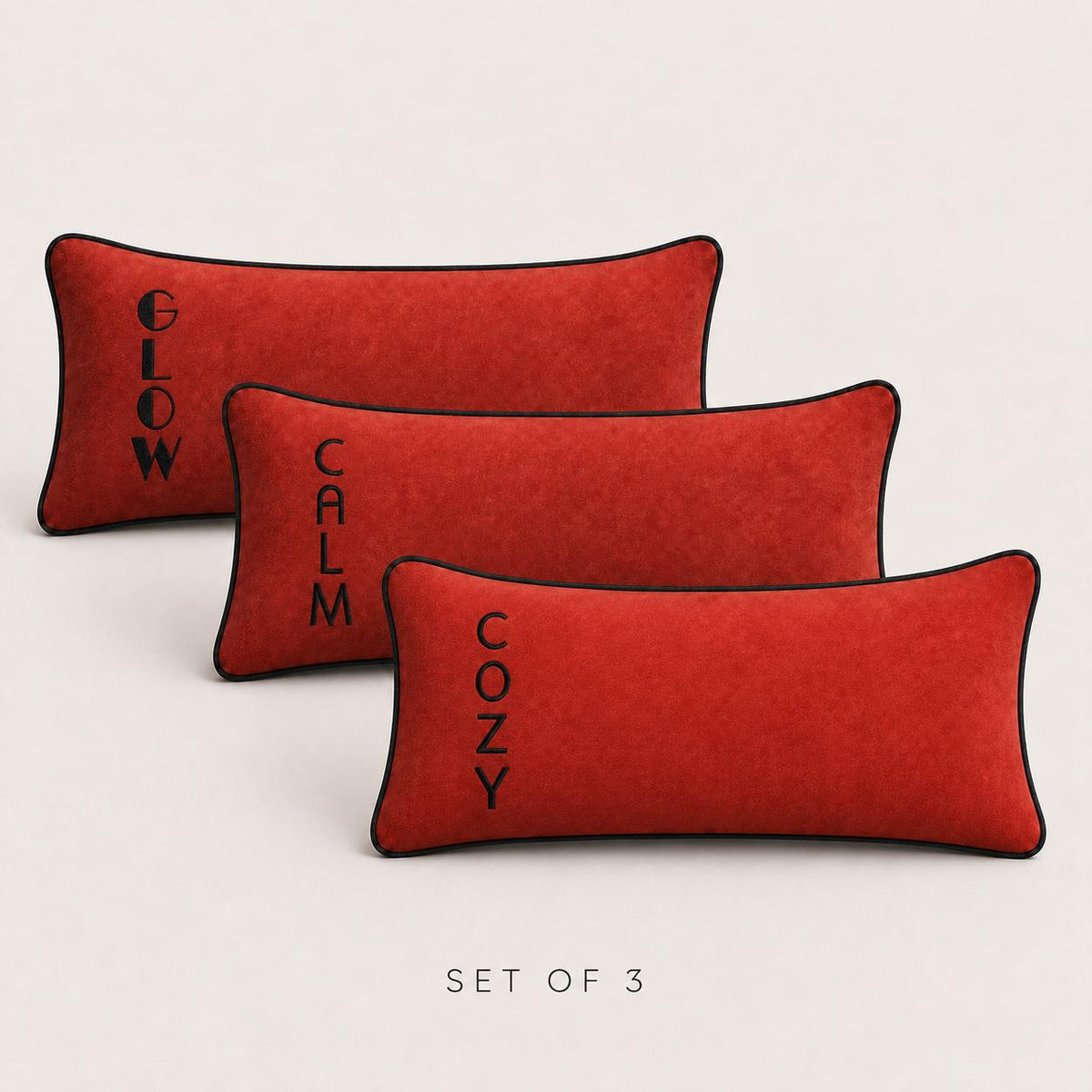 Additional product view of brick red COZY CALM GLOW embroidered lumbar cushions