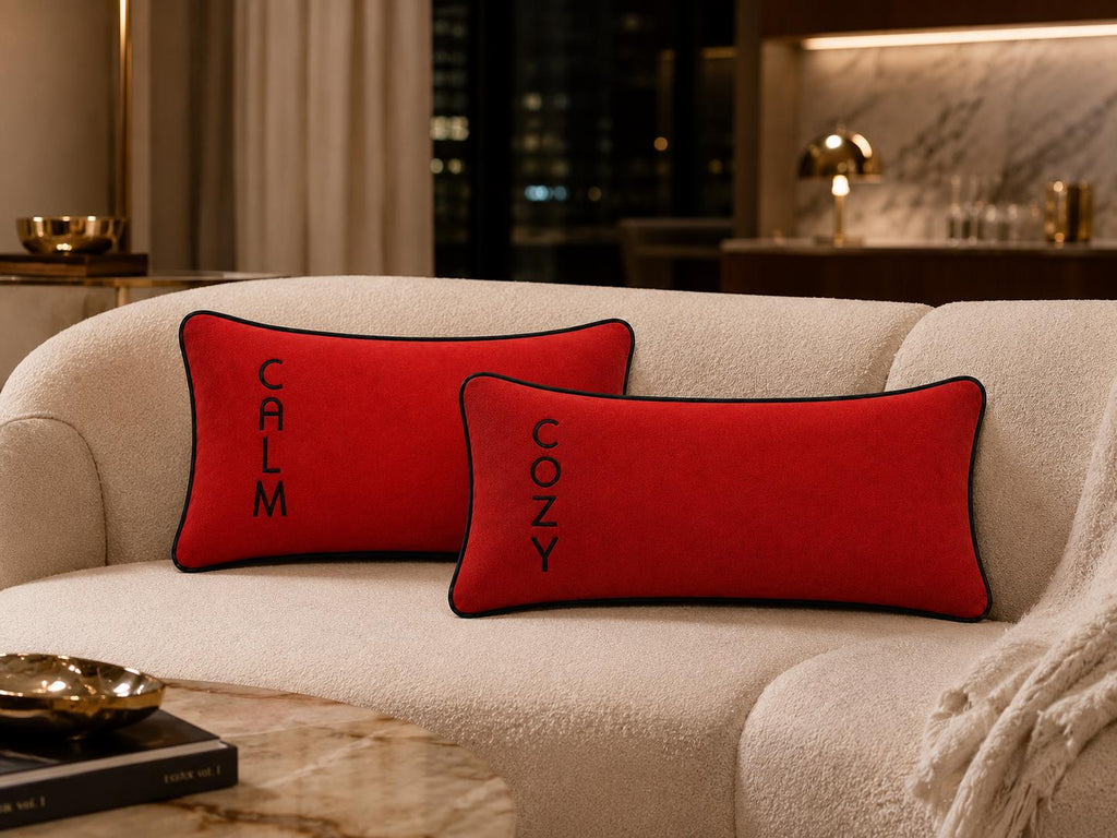 Additional product view of brick red COZY CALM GLOW embroidered lumbar cushions