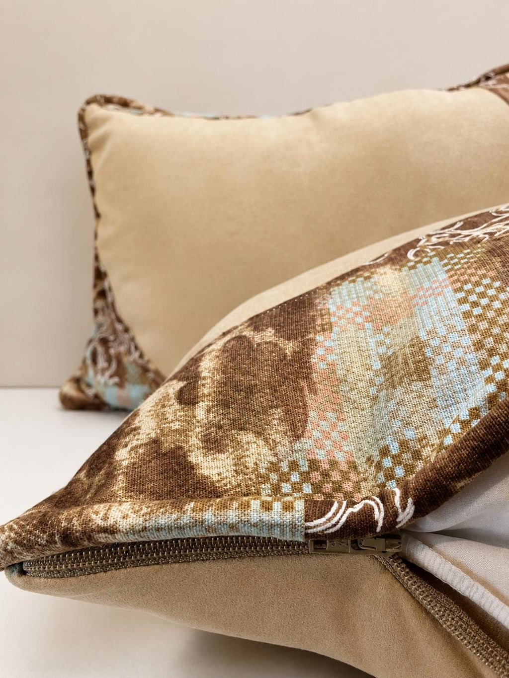 Additional product view of handmade microfibre and patterned cotton cushions