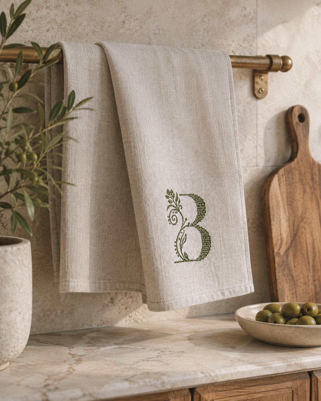 Natural ecru Italian linen kitchen towel with green embroidered botanical B monogram, 50 × 70 cm