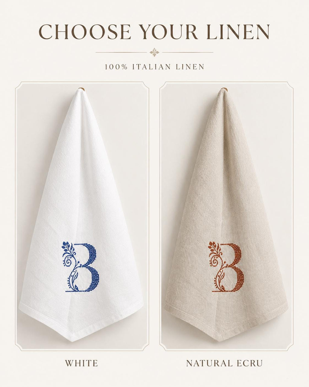 Personalised Italian linen kitchen towel with embroidered botanical monogram