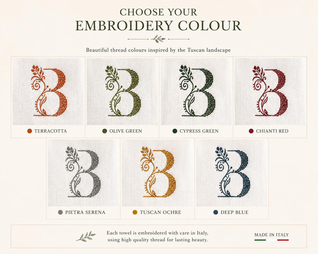 Personalised Italian linen towel with embroidered botanical monogram