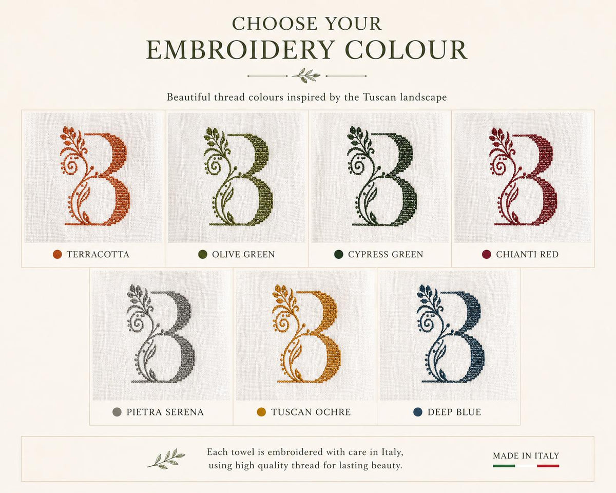 Personalised Italian linen towel with embroidered botanical monogram